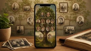 Smartphone exibindo uma árvore genealógica digital com retratos de familiares conectados por linhas de parentesco. Ao redor, fotos antigas em preto e branco, um álbum de família aberto e decoração vintage criam uma atmosfera de pesquisa histórica e descoberta das origens familiares.