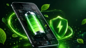Smartphone com bateria em destaque brilhando em verde, cercado por efeitos de energia, circuito eletrônico iluminado e símbolo de proteção, representando um aplicativo para otimizar o desempenho e aumentar a duração da bateria do celular.