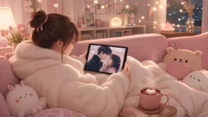 Mulher aconchegada em um sofá rosa, envolta em um cobertor macio, assistindo a um dorama romântico em um tablet. O ambiente possui iluminação suave em tons rosados, luzes decorativas brilhantes, bichinhos de pelúcia fofos e uma caneca de bebida quente, criando uma atmosfera acolhedora e encantadora para maratonar séries coreanas.
