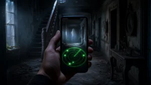 Pessoa segurando um smartphone com um radar verde de detecção paranormal em uma mansão abandonada e escura. No corredor ao fundo, uma figura fantasmagórica aparece envolta por névoa, criando uma atmosfera de mistério e entretenimento relacionada a aplicativos de caça-fantasmas.