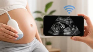 Mulher grávida segurando um dispositivo de ultrassom sobre a barriga enquanto um smartphone exibe a imagem de um bebê em ultrassom, em ambiente iluminado e acolhedor, representando aplicativos de acompanhamento da gestação.