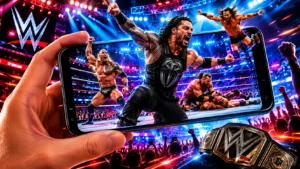 Arena de luta livre lotada com lutadores em ação, público vibrando e smartphone exibindo transmissão de wrestling ao vivo em destaque, representando aplicativo para assistir WWE no celular.