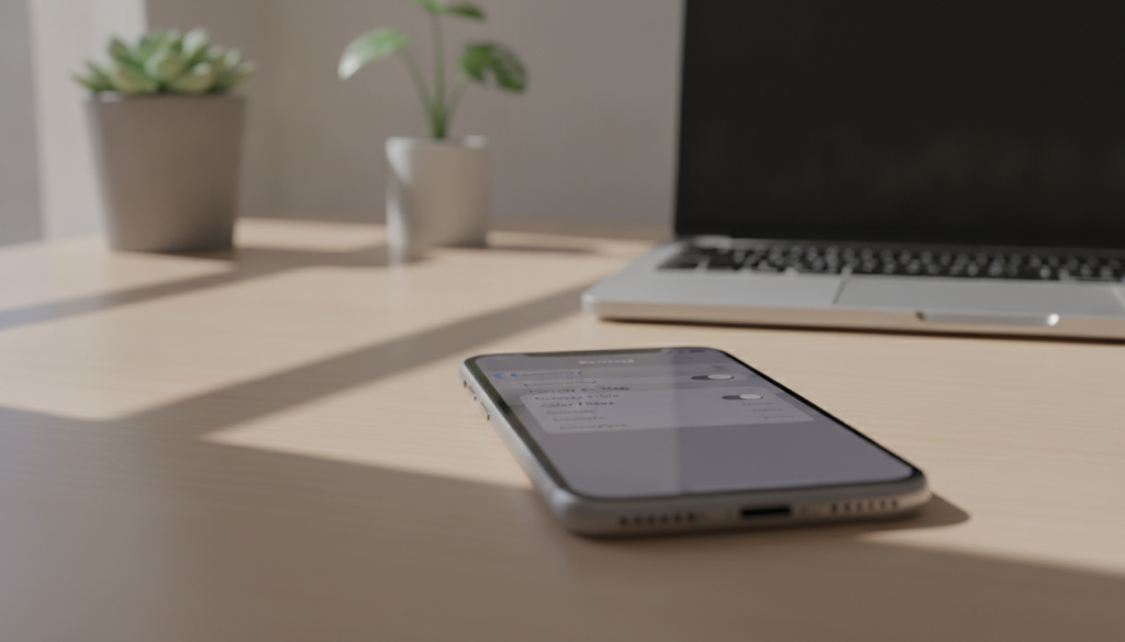 A close-up shot of an iPhone displaying a gray-scale screen, showcasing the settings menu with the 'Grayscale' option enabled. The iPhone is placed on a minimalist desk with soft natural lighting coming from a nearby window, casting gentle shadows. In the background, slightly blurred, is a modern workspace featuring plants and a laptop, creating an atmosphere of tranquility and focus. The image captures the sleek design of the iPhone, emphasizing the contrast between the gray tones of the screen and the warm wood of the desk. The overall mood is calm and tech-savvy, highlighting the practicality of using a gray-scale display for battery conservation. A close-up shot of an iPhone displaying a gray-scale screen, showcasing the settings menu with the 'Grayscale' option enabled. The iPhone is placed on a minimalist desk with soft natural lighting coming from a nearby window, casting gentle shadows. In the background, slightly blurred, is a modern workspace featuring plants and a laptop, creating an atmosphere of tranquility and focus. The image captures the sleek design of the iPhone, emphasizing the contrast between the gray tones of the screen and the warm wood of the desk. The overall mood is calm and tech-savvy, highlighting the practicality of using a gray-scale display for battery conservation.