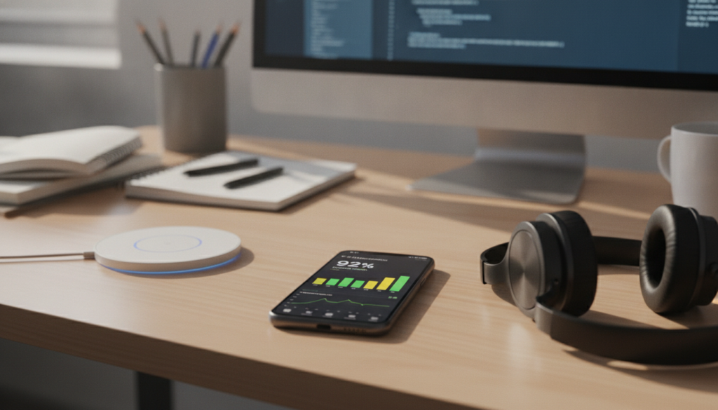A close-up view of a smartphone's screen displaying detailed battery health statistics and capacity information, with vibrant green and yellow icons representing battery status and usage statistics. In the foreground, the smartphone is resting on a sleek wooden desk, surrounded by minimalistic tech accessories like a wireless charger and a pair of headphones. The middle layer shows the smartphone illuminated by soft, natural light coming from a window, casting gentle shadows and highlighting the phone's sleek design. The background features a modern workspace with a blurred computer monitor and some scattered notebooks, creating a professional atmosphere. The overall mood is informative and tech-savvy, inviting viewers to engage with the content.