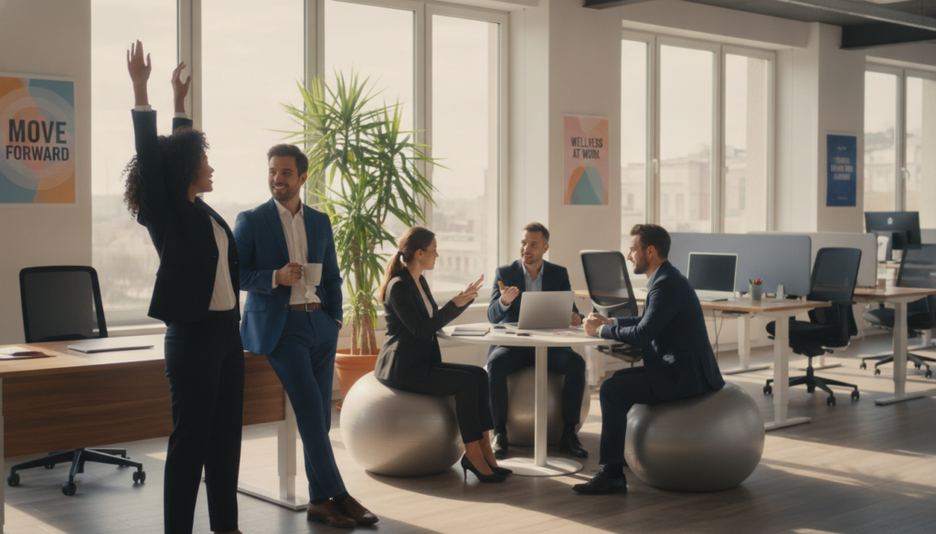 A cozy office space featuring a diverse group of professionals in business attire engaging in various activities to reduce sedentary behavior. In the foreground, a woman stands stretching her arms while a man next to her leans against a desk, holding a cup of coffee and chatting. In the middle, a group of three colleagues is gathered, discussing ideas while seated on exercise balls. Behind them, large windows let in warm, natural light, illuminating a green indoor plant that adds a touch of nature. The background shows a workstation with ergonomic chairs and standing desks, creating a motivational atmosphere. The setting conveys a positive and dynamic mood, emphasizing the importance of movement and well-being in the workplace. A cozy office space featuring a diverse group of professionals in business attire engaging in various activities to reduce sedentary behavior. In the foreground, a woman stands stretching her arms while a man next to her leans against a desk, holding a cup of coffee and chatting. In the middle, a group of three colleagues is gathered, discussing ideas while seated on exercise balls. Behind them, large windows let in warm, natural light, illuminating a green indoor plant that adds a touch of nature. The background shows a workstation with ergonomic chairs and standing desks, creating a motivational atmosphere. The setting conveys a positive and dynamic mood, emphasizing the importance of movement and well-being in the workplace.