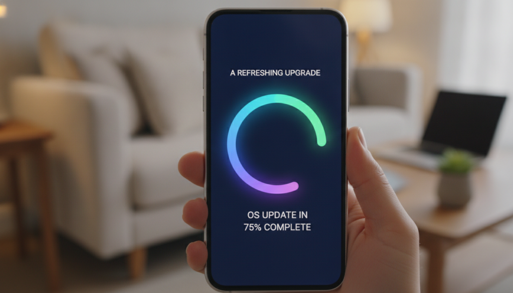 A modern smartphone displaying a system update interface, set against a soft-focus background of a cozy living room. The smartphone screen shows a progress bar indicating an OS update in progress, with vibrant colors to signify a refreshing upgrade. In the foreground, a hand gently holds the phone, demonstrating user engagement. Soft, ambient lighting creates a warm, inviting atmosphere, highlighting the sleek design of the smartphone. Plant accents on a nearby table and a laptop in the middle ground suggest a tech-savvy environment. The overall mood conveys a sense of ease and rejuvenation, reflecting the importance of keeping the device updated for optimal performance. A modern smartphone displaying a system update interface, set against a soft-focus background of a cozy living room. The smartphone screen shows a progress bar indicating an OS update in progress, with vibrant colors to signify a refreshing upgrade. In the foreground, a hand gently holds the phone, demonstrating user engagement. Soft, ambient lighting creates a warm, inviting atmosphere, highlighting the sleek design of the smartphone. Plant accents on a nearby table and a laptop in the middle ground suggest a tech-savvy environment. The overall mood conveys a sense of ease and rejuvenation, reflecting the importance of keeping the device updated for optimal performance.