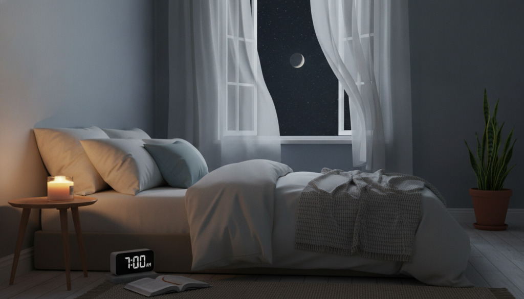 A serene bedroom environment at night, designed to promote better sleep. In the foreground, a neatly made bed with soft, inviting blankets and plush pillows, accented by a small, calming nightstand with a lit candle emitting a warm glow. In the middle, a tranquil window slightly ajar, allowing a gentle breeze to flutter sheer curtains, with a view of a starry sky to convey peace. In the background, a peaceful atmosphere with soft blue and gray tones, illuminated by gentle, diffused moonlight. Include elements like an open book nearby, a potted plant for a touch of nature, and a minimalist alarm clock set to a reasonable hour, suggesting a structured sleep routine. The overall mood is calming and inviting, emphasizing relaxation and rejuvenation for better sleep quality.