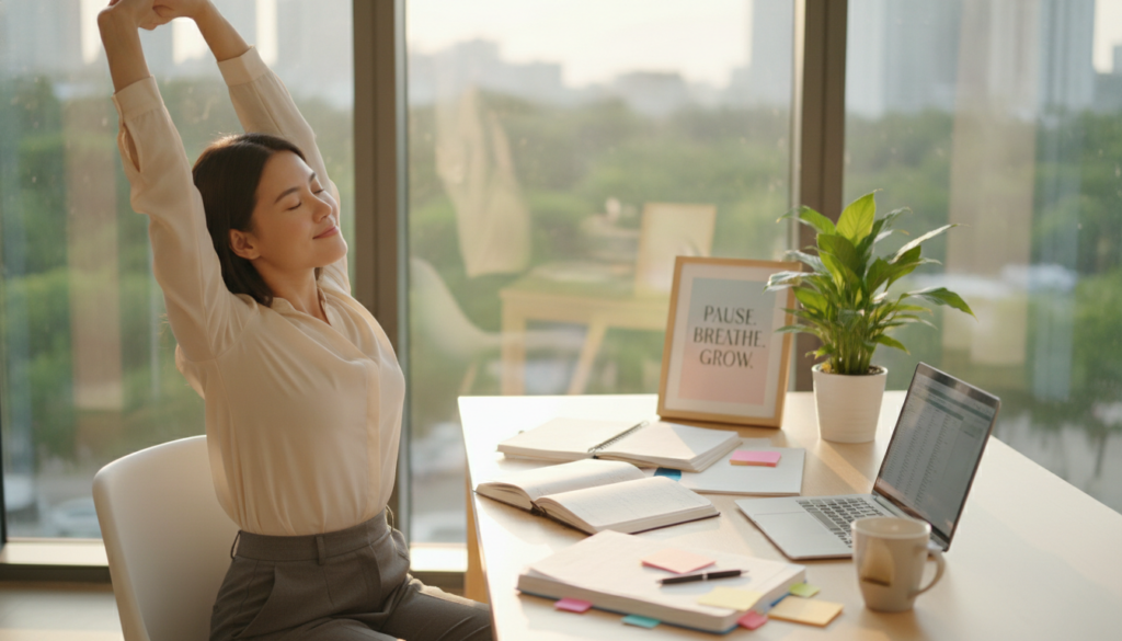 A serene workspace featuring a young adult in professional business attire, engaging in a gentle stretch while sitting at a modern desk cluttered with notebooks and a laptop. In the foreground, focus on their relaxed expression, exuding peace and energy. The middle ground highlights a plant and a motivational quote framed on a wall, promoting a positive atmosphere. In the background, a large window lets in warm, natural light, illuminating the room and creating a cozy ambiance. The scene conveys a sense of vitality and focus, emphasizing the importance of breaks and stretching during work and study sessions. The overall mood is uplifting and refreshing, encouraging a balanced approach to productivity.
