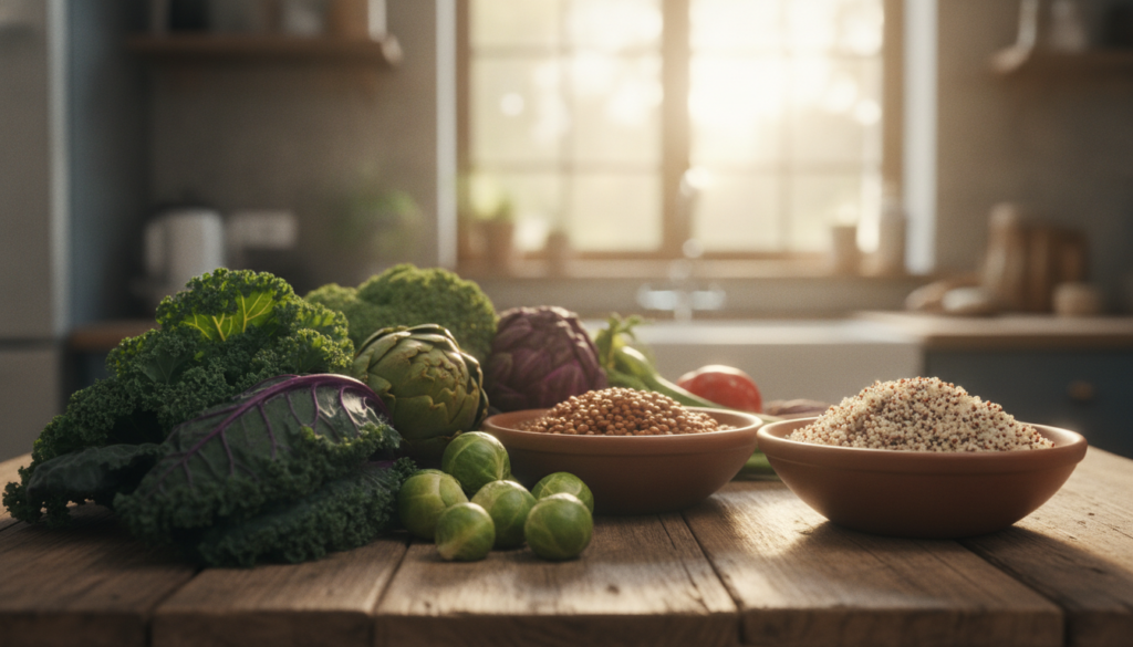 A vibrant and colorful arrangement of high-fiber vegetables on a rustic wooden table. In the foreground, showcase fresh kale, brussels sprouts, and artichokes, with their rich green and purple hues glistening under soft, natural lighting. In the middle, include bowls of cooked lentils and quinoa, emphasizing their grainy textures. The background features a blurred kitchen scene with sunlight pouring in through a window, creating a warm and inviting atmosphere. Use a wide-angle lens to capture the entire scene, with a focus on the textures and colors of the vegetables. The overall mood should be fresh, healthy, and energizing, embodying the importance of incorporating fiber-rich foods into meals.