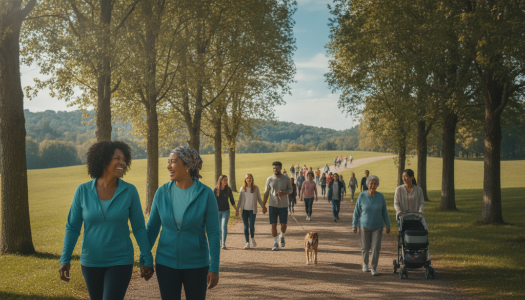 A vibrant outdoor scene depicting a diverse group of people walking along a sunlit park trail, showcasing various ages and ethnicities to emphasize inclusivity. In the foreground, a middle-aged woman in modest athletic wear smiles as she walks with a friend, both radiating joy and health. The middle ground reveals a steady stream of walkers, some jogging, while a few couples walk hand-in-hand, embodying companionship. Trees line the sides of the path, with dappled sunlight filtering through the leaves, creating a warm and inviting atmosphere. In the background, gently rolling hills provide depth to the landscape, while a clear blue sky enhances the mood of vitality and well-being. The scene is captured in a bright, soft focus, using a wide-angle lens to create an immersive feeling of harmony between people and nature. A vibrant outdoor scene depicting a diverse group of people walking along a sunlit park trail, showcasing various ages and ethnicities to emphasize inclusivity. In the foreground, a middle-aged woman in modest athletic wear smiles as she walks with a friend, both radiating joy and health. The middle ground reveals a steady stream of walkers, some jogging, while a few couples walk hand-in-hand, embodying companionship. Trees line the sides of the path, with dappled sunlight filtering through the leaves, creating a warm and inviting atmosphere. In the background, gently rolling hills provide depth to the landscape, while a clear blue sky enhances the mood of vitality and well-being. The scene is captured in a bright, soft focus, using a wide-angle lens to create an immersive feeling of harmony between people and nature.