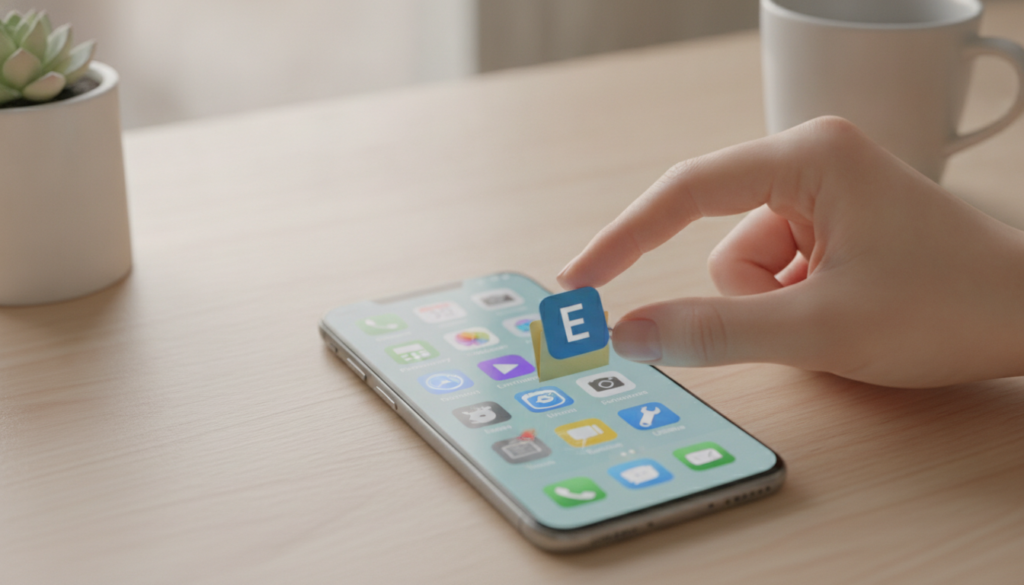 A well-organized smartphone screen showcasing various app icons and folders, set against a blurred background of a tidy desk with a subtle plant. The foreground highlights a hand gently rearranging app icons into categories such as "Productivity," "Entertainment," and "Utilities." Soft, natural lighting illuminates the scene, creating a warm, inviting atmosphere. The angle is slightly top-down, providing a clear view of the screen and the desk below. The mood conveys a sense of clarity and efficiency, emphasizing the importance of digital organization and space management on devices. The image should maintain a professional aesthetic with no text or watermarks, focusing purely on the theme of digital decluttering.